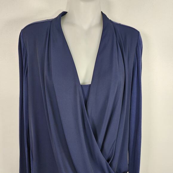 White House Black Market Double Layer Surplice Top Navy Long Sleeves Small Wrap - Picture 3 of 9